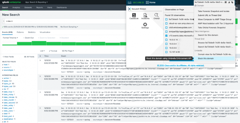 Figure 1. With the SecureX ribbon browser extension, extract observables from third-party tools such as Splunk and take response actions.