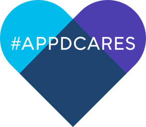 Turquoise blue, purple and dark blue heart as AppD Cares logo