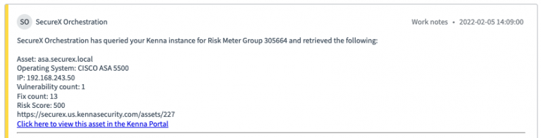 Screenshot of the aforementioned ServiceNow incident ticket, which includes information about the asset in question including a link to view it in the Kenna Portal.
