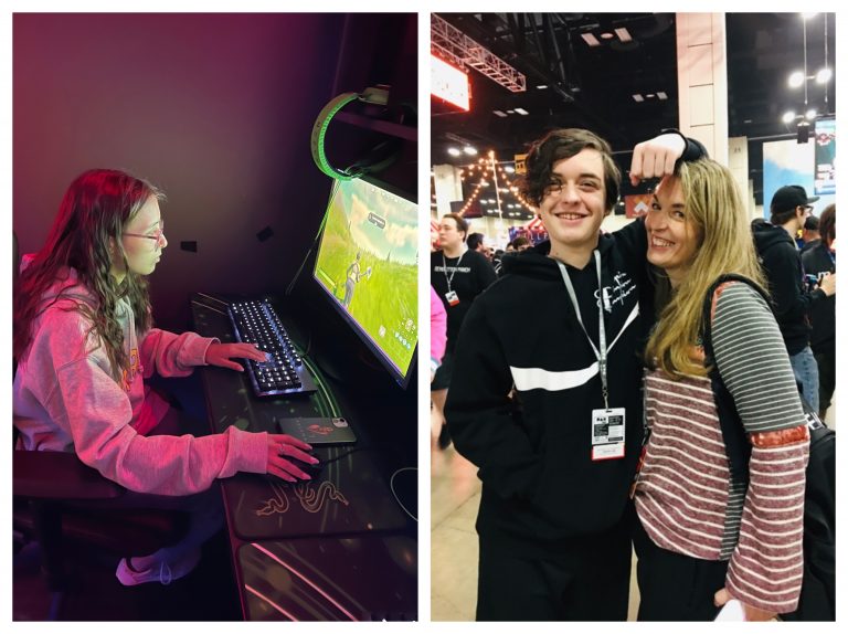 A girl gaming and a mother and son at a gaming convention