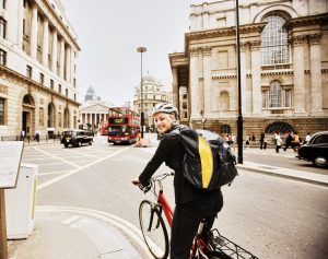 woman on bike in city 