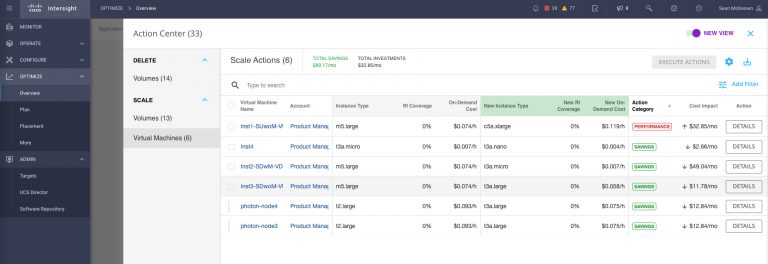 Figure 5: Action Center table with details on specific pending VM actions for a given account