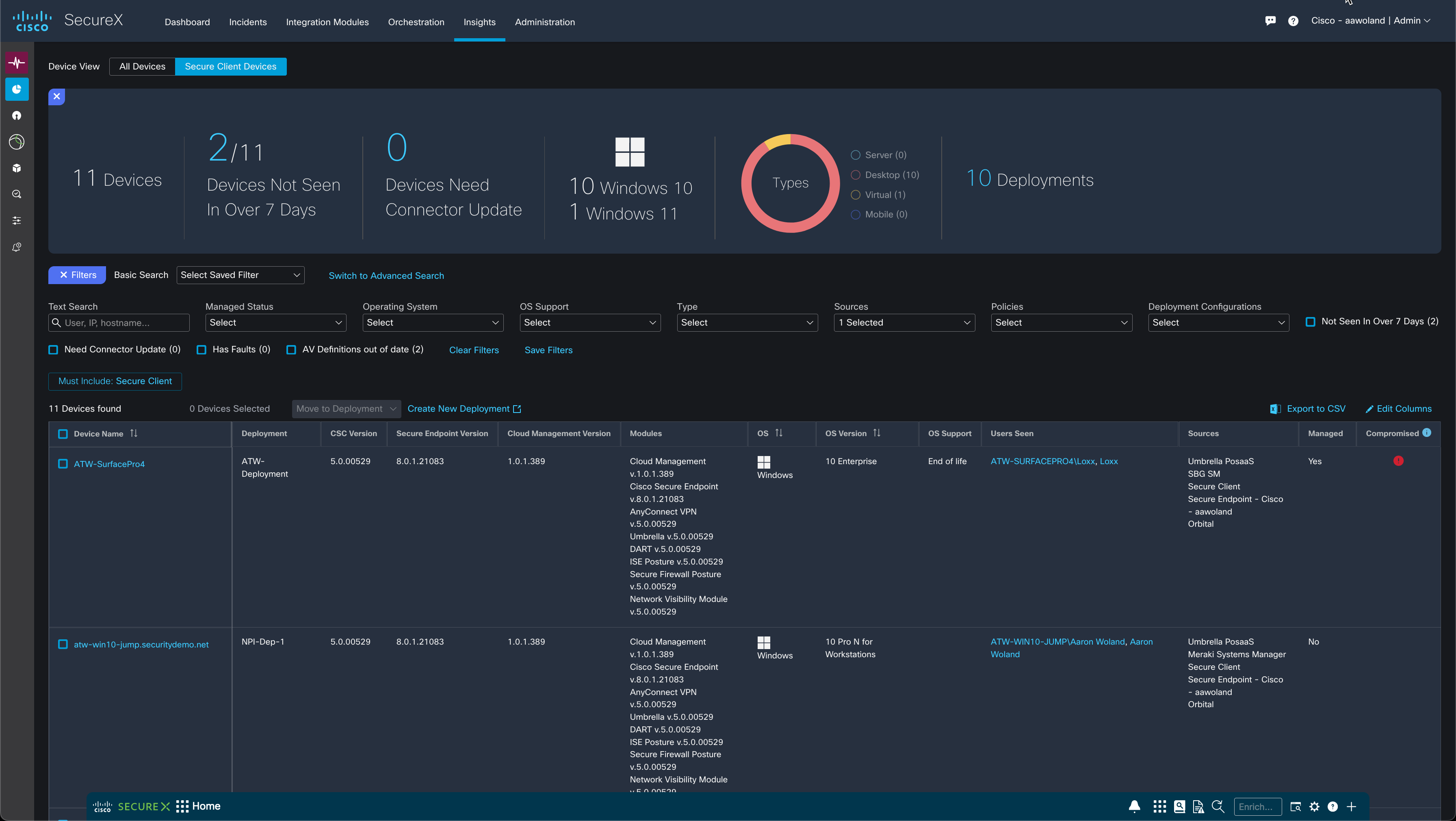 View of the SecureX Device Insights UI with new Secure Client features.