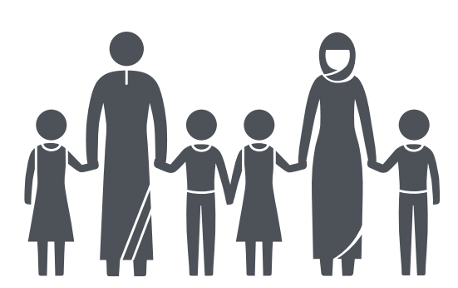 A graphic illustration of two adults with several children