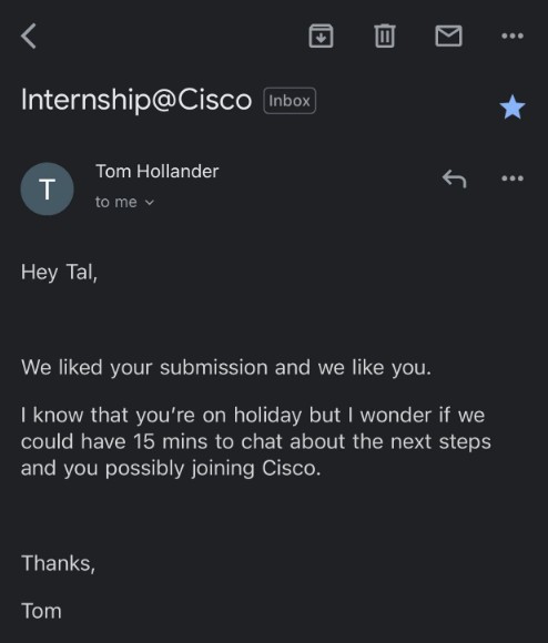 Internship at Cisco email screenshot