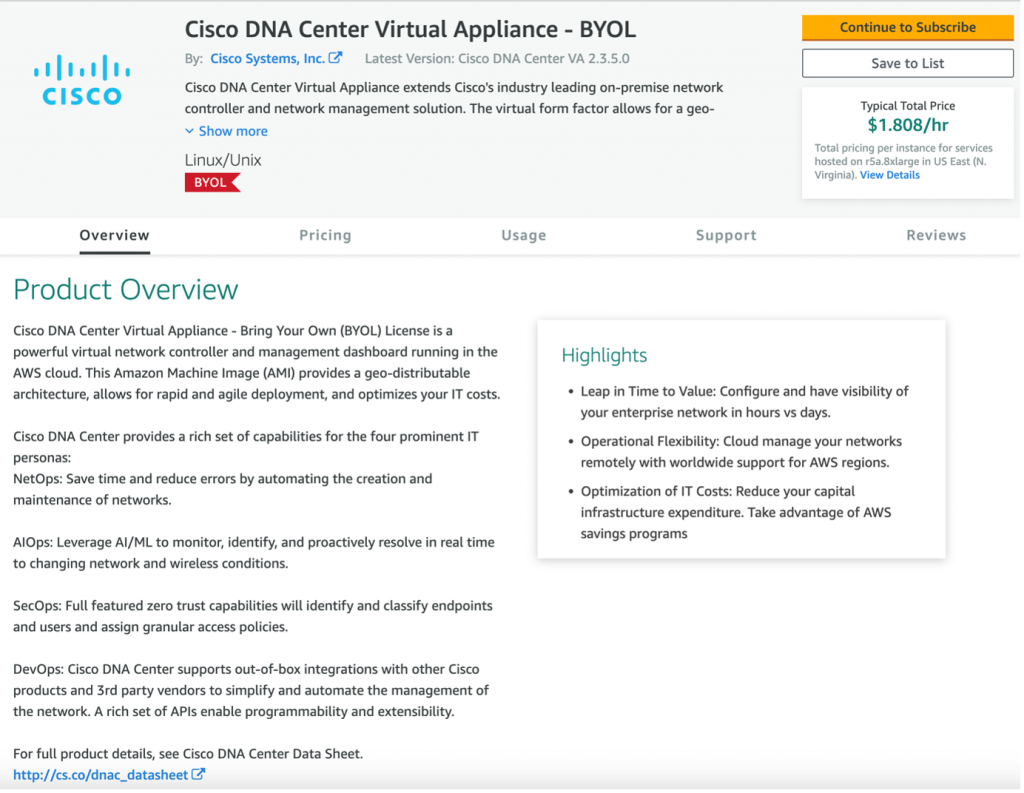 Cisco DNA Center on AWS Marketplace