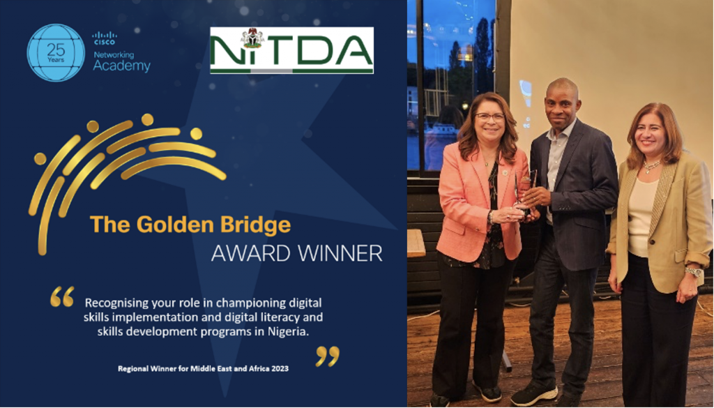 A graphic about the Golden Bridge Award with a photo of a group of people