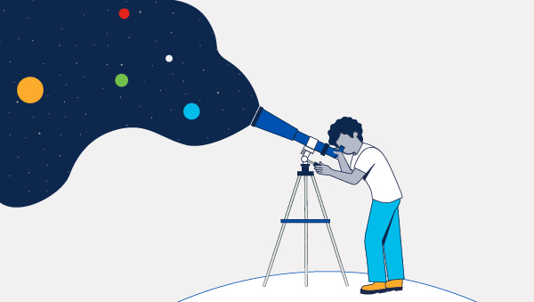 An illustration of someone looking through a telescope into the universe