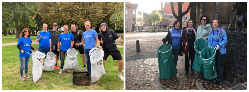 Two images, side by side, of groups of people in blue shirts cleaning up trash.