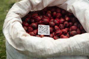 Bag of beans with QR code resting on top