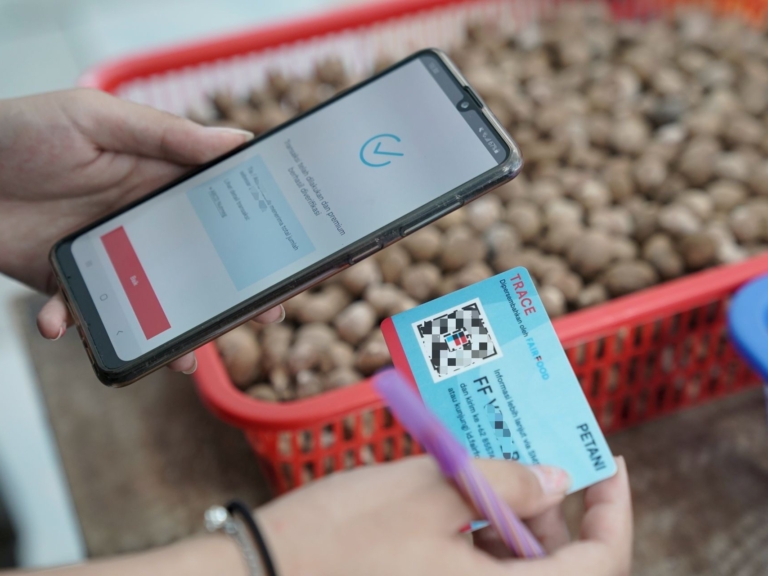 Mobile phone being held in hand with Trace card in other hand and basket of product