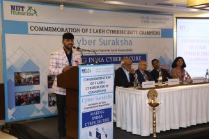 Student beneficiary speaking at the Cyber Suraksha milestone event