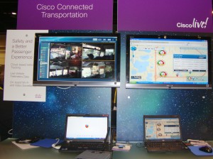 Cisco Connected Fleet Management demo with video feed and Davra's RuBan software showing GPS location of Cisco Live connected buses and telematics info.