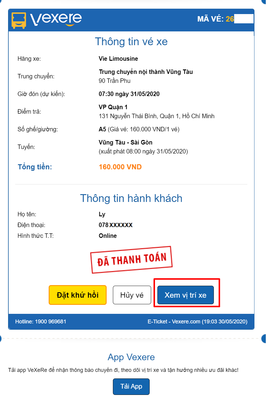 Xem vị trí xe tại email xác nhận thanh toán