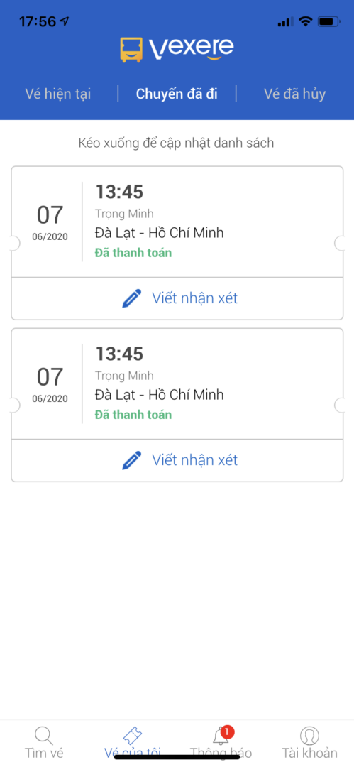 Đánh giá nhà xe thông qua app VeXeRe