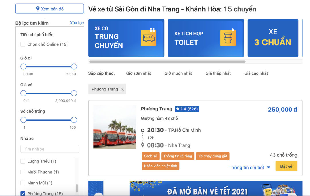 lịch bán vé xe cộ Tết Phương Trang 2021