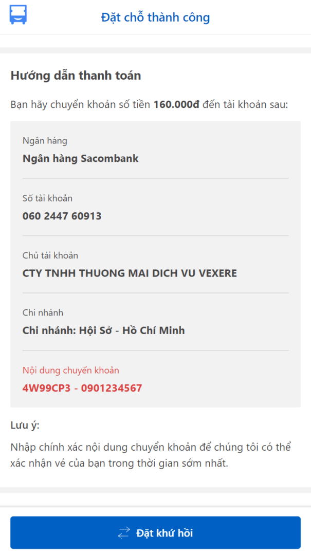 Thanh toán vé dựa trên thông tin "Hướng dẫn thanh toán"