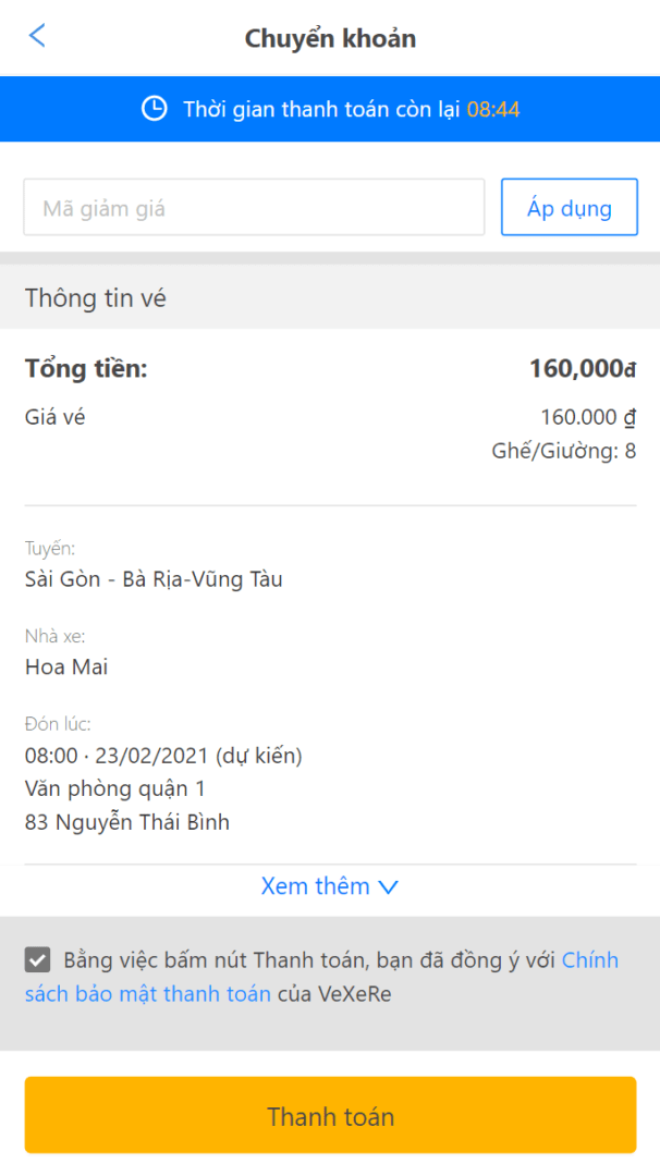 Nhấp vào ô "Thanh toán" để tiến hành thanh toán vé