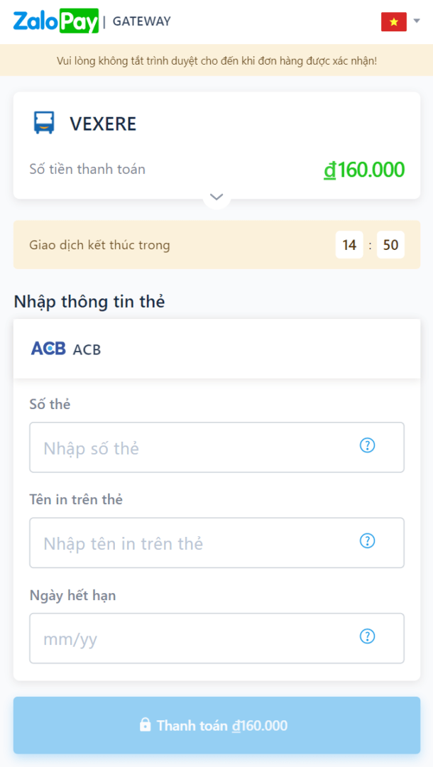 Nhập thông tin để tiến hành thanh toán vé