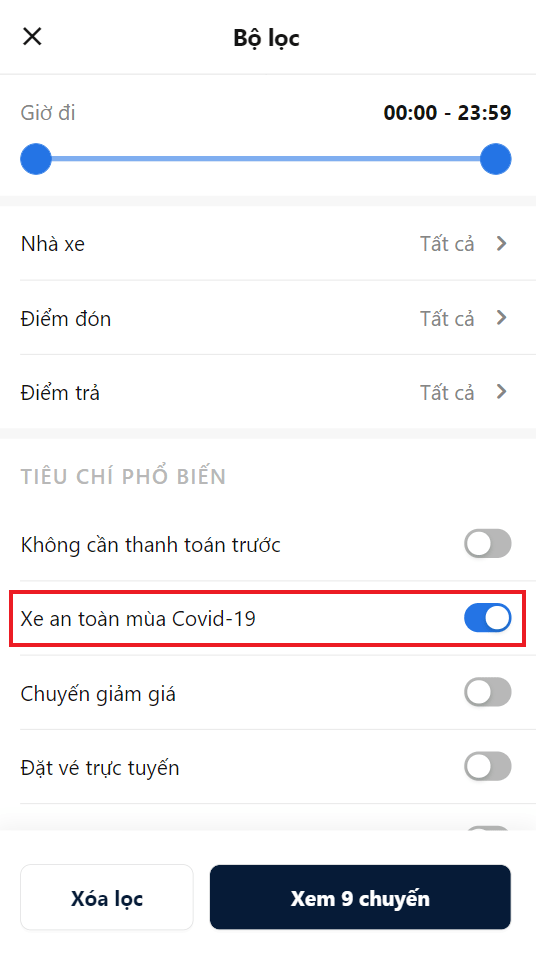 Bộ lọc "Xe an toàn mùa Covid-19" tại app VeXeRe