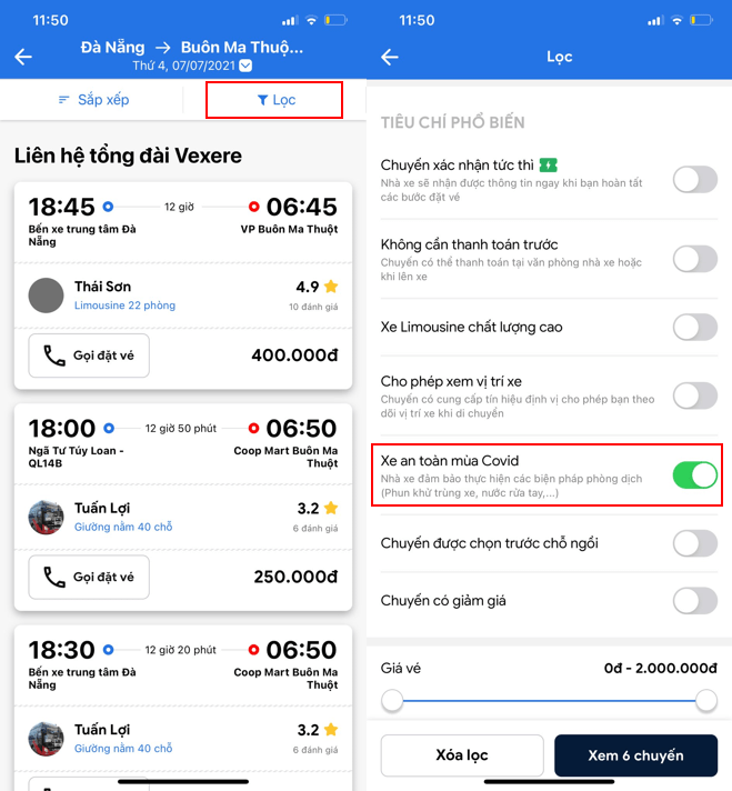Chọn "Xe an toàn mùa Covid" tại ứng dụng VeXeRe