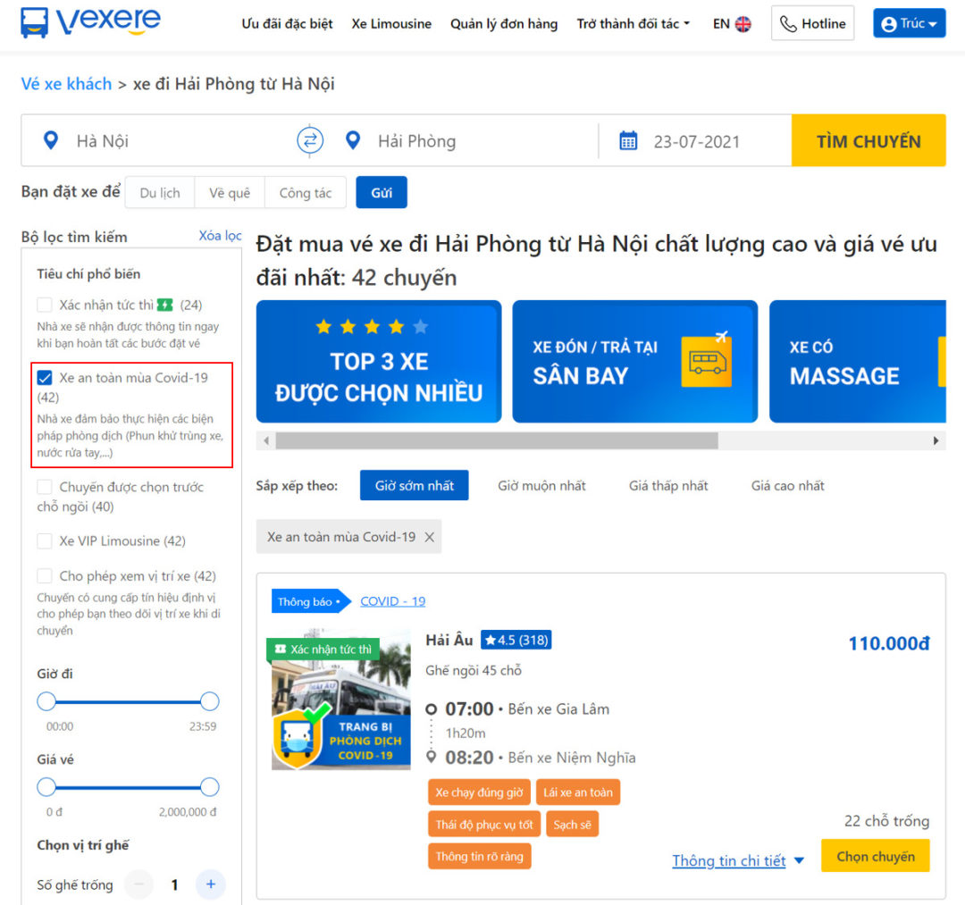 Chọn xe an toàn mùa Covid-19 tại website VeXeRe