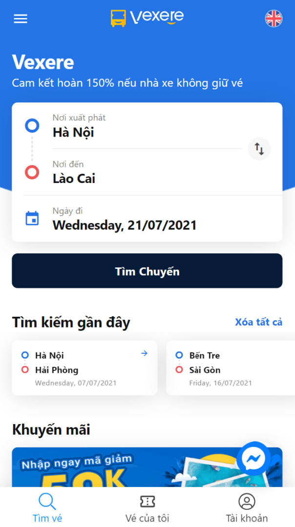 Chọn điểm đi, điểm đến, ngày khởi hành. Sau đó bấm chọn "Tìm vé xe".