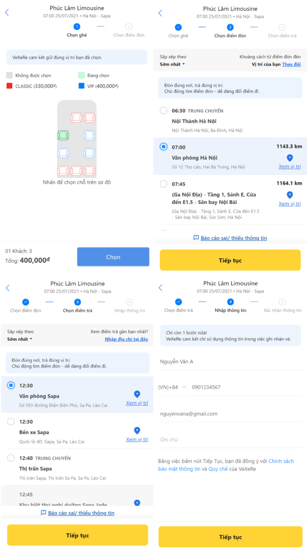 Chọn vị trí bạn mong muốn, điểm đón, điểm trả và nhập thông tin hành khách.