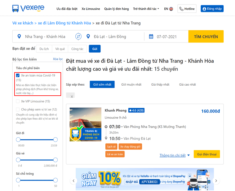 Chọn "Xe an toàn mùa Covid" tại website VeXeRe