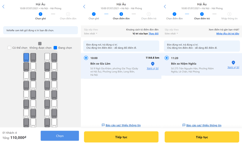 Chọn chỗ mong muốn và điểm đón/trả