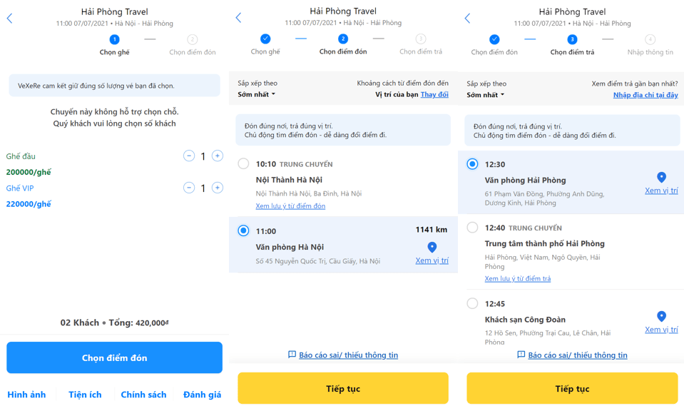 Chọn chỗ mong muốn và điểm đón/trả đối với xe chưa hỗ trợ chọn vị trí ghế