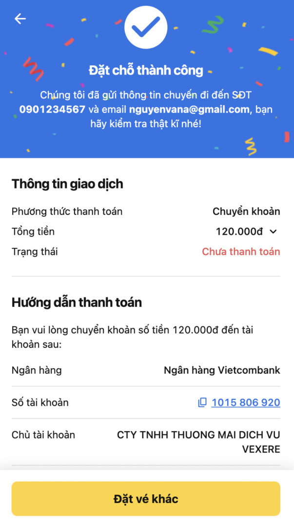 Thông báo đặt chỗ thành công