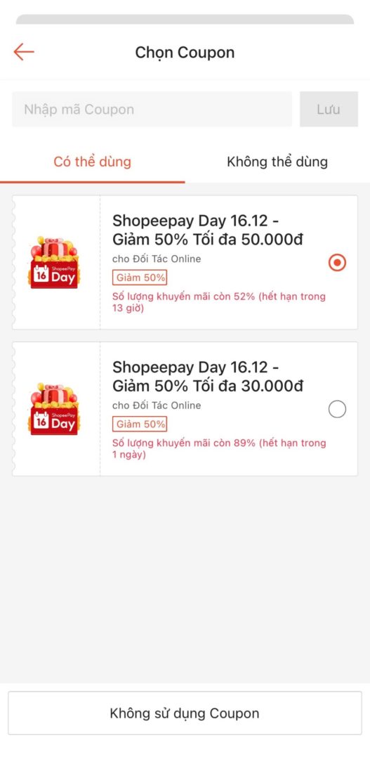 Nhập mã ưu đãi tại ô Coupon