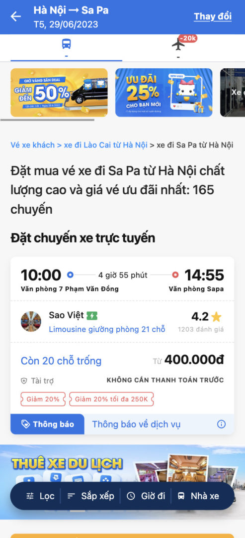đặt vé xe limousine đi sapa từ hà nội