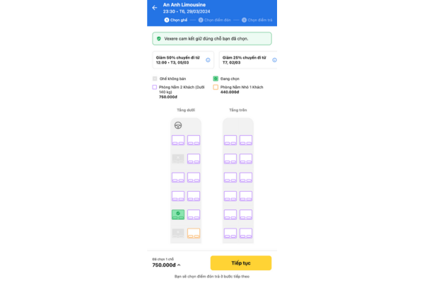 đặt vé xe đi đà lạt bước chọn chỗ