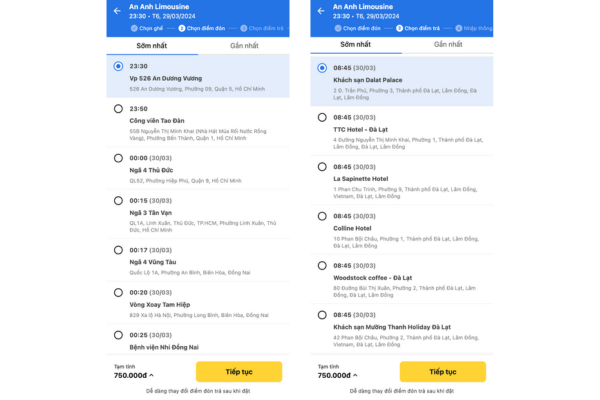 đặt vé xe đi đà lạt - bước chọn điểm đón trả
