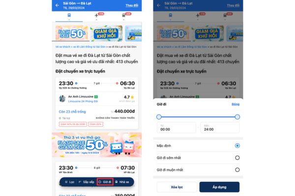 tính năng tìm chuyến theo giờ đi tại vexere