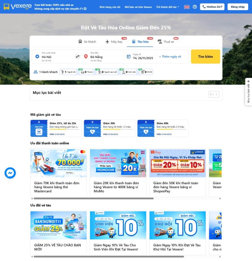 Nhiều ưu đãi hấp dẫn khi đặt vé tàu online trên Vexere