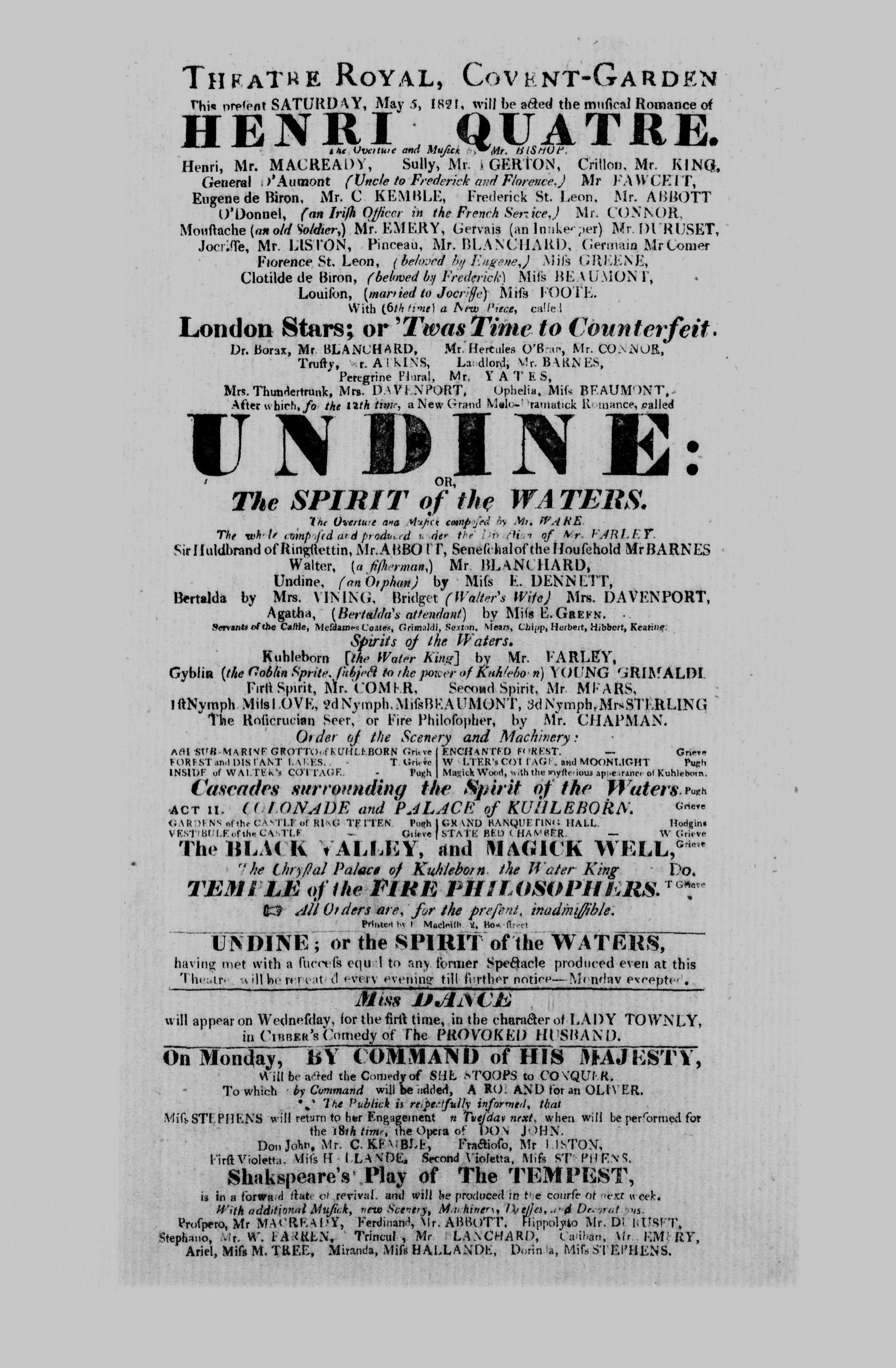 Covent Garden Theatre London Playbill: May 5, 1821 - Musical Romance of HENRI QUATRE, New Piece London Stars & Grand Melo-Dramatick Romance UNDINE; OR, The SPIRIT of the WATERS