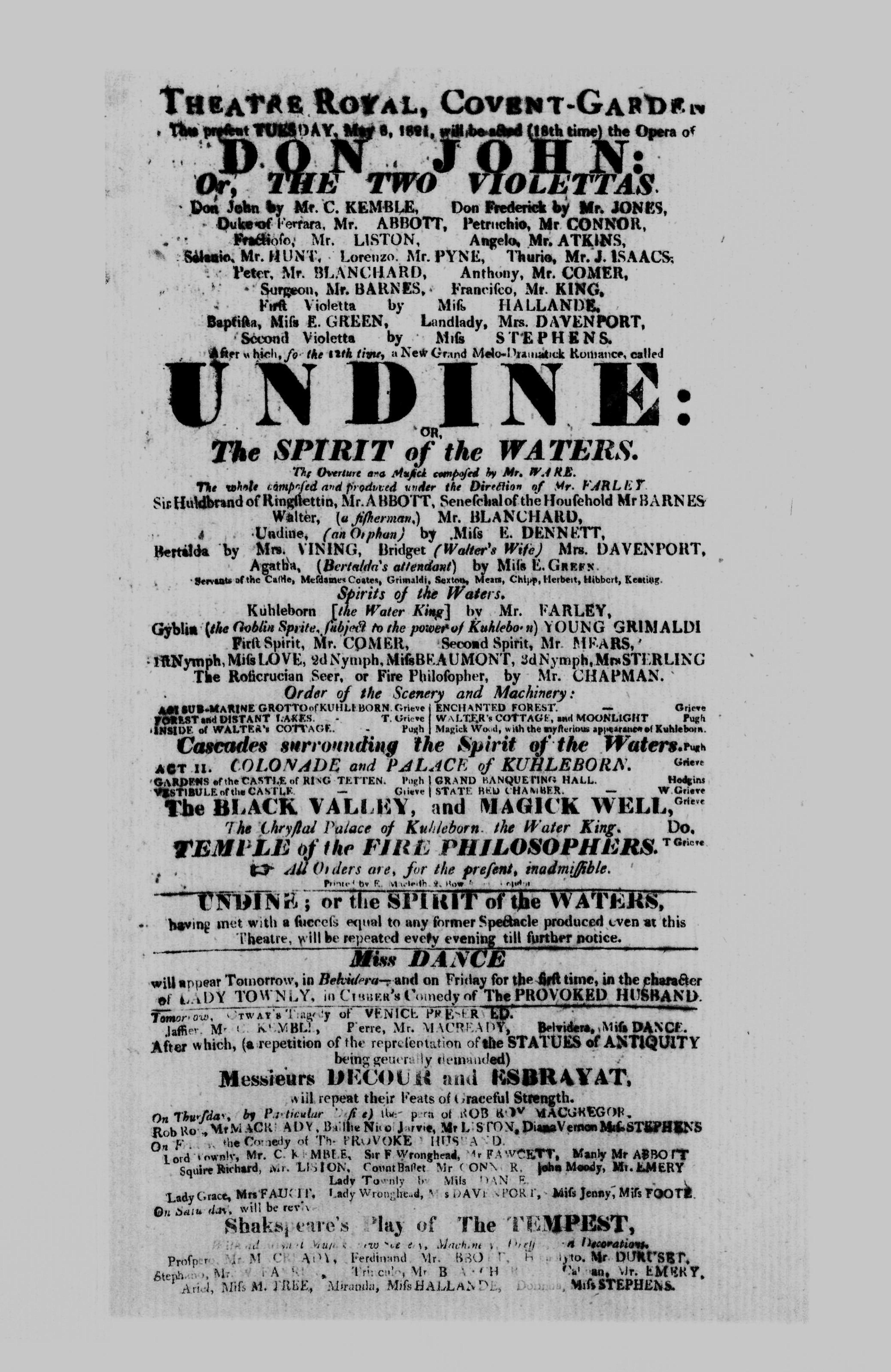 Covent Garden Theatre London Playbill: May 3, 1821 - DON JOHN: Or, THE TWO VIOLETTAS