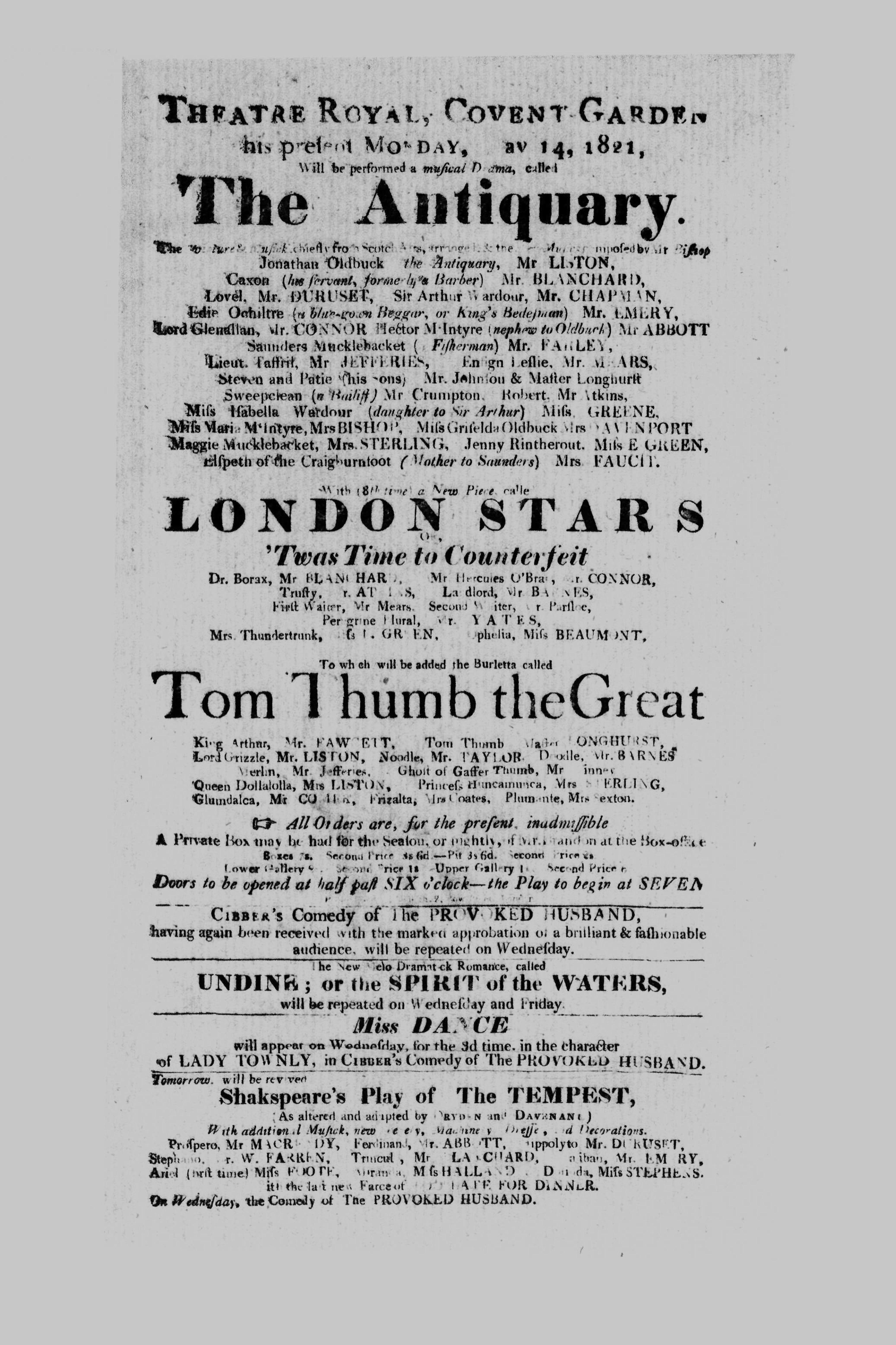 Covent Garden Theatre London Playbill: May 14, 1821 - The Antiquary, LONDON STARS, Tom Thumb the Great