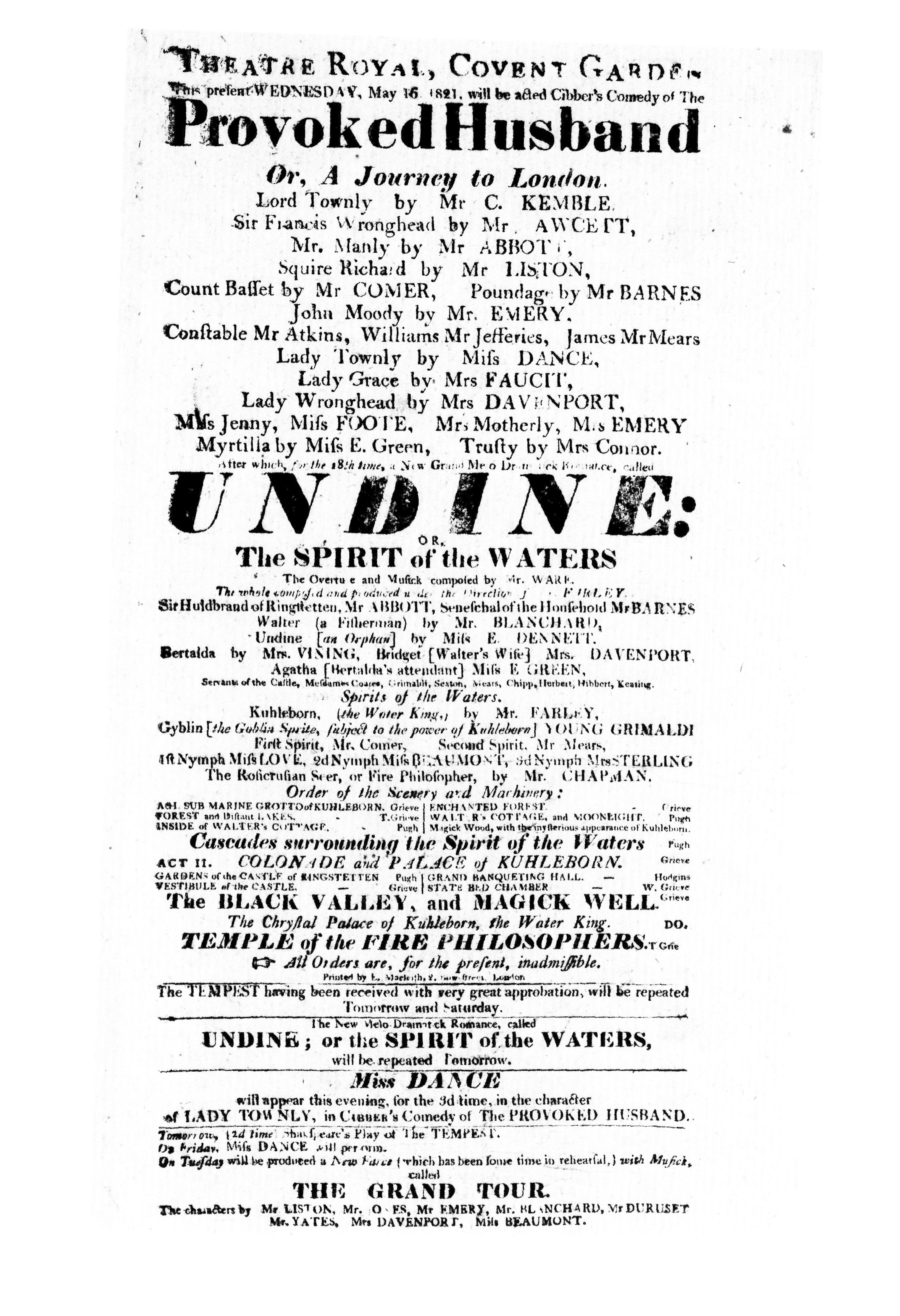 Covent Garden Theatre London Playbill: May 16, 1821 - Cibber's Comedy of The Provoked Husband
