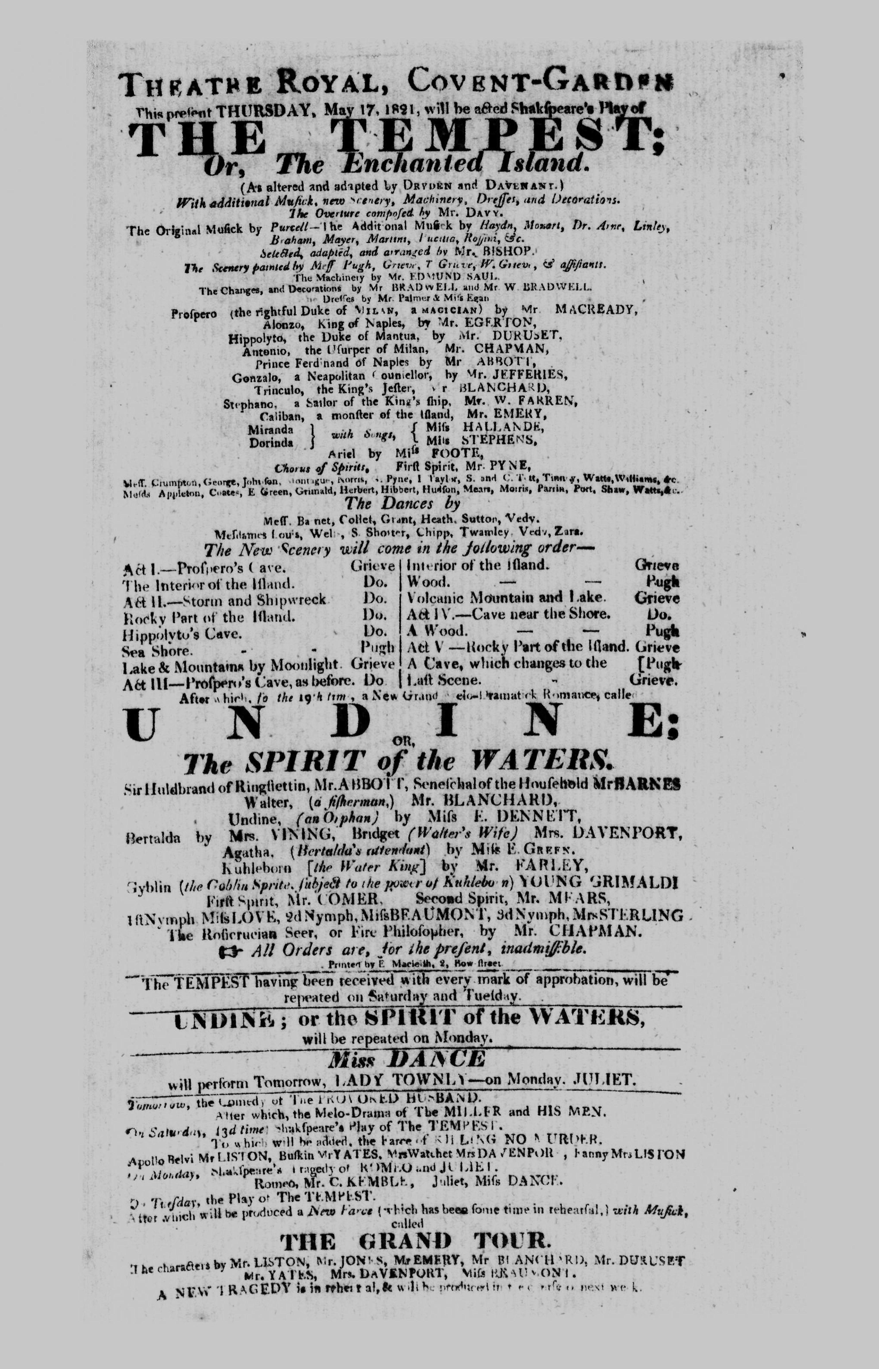 Covent Garden Theatre London Playbill: May 17, 1821 - Shakspeare's Play of THE TEMPEST