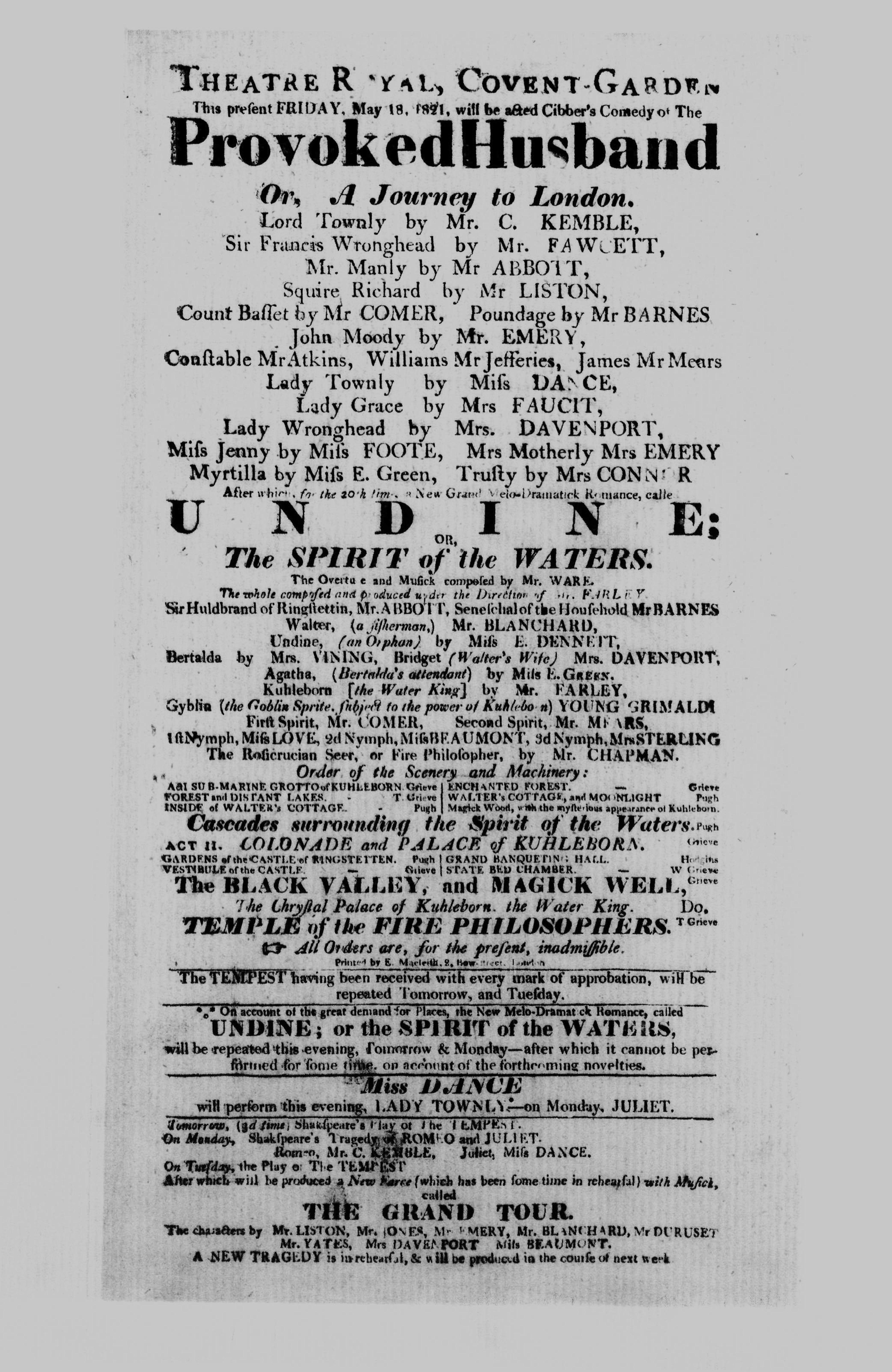 Covent Garden Theatre London Playbill: May 18, 1821 - The Provoked Husband