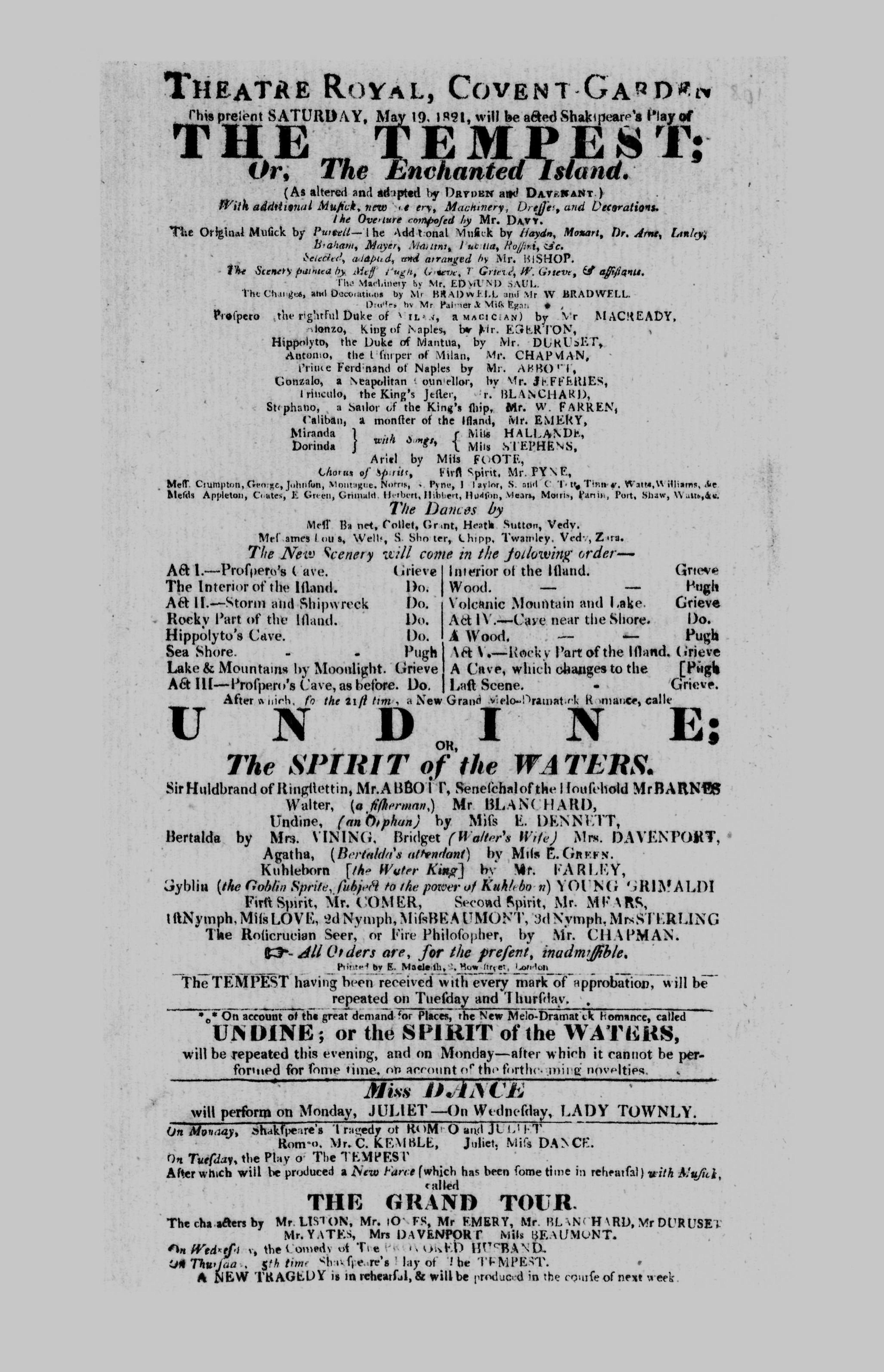 Covent Garden Theatre London Playbill: May 19, 1821 - The Tempest