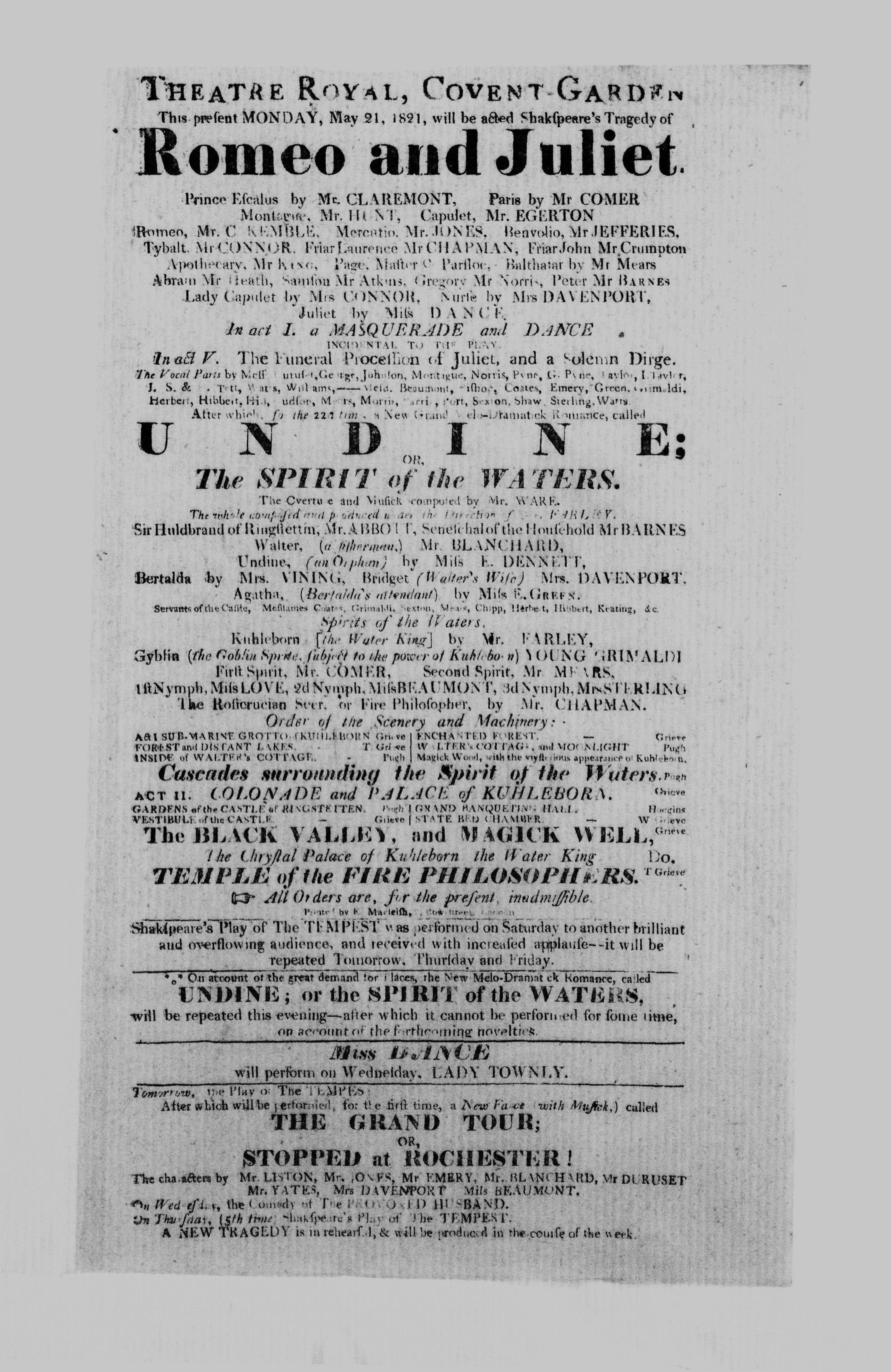 Covent Garden Theatre London Playbill: May 19, 1821 - Shakespeare's Play of The TEMPEST performed to a brilliant and overflowing audience