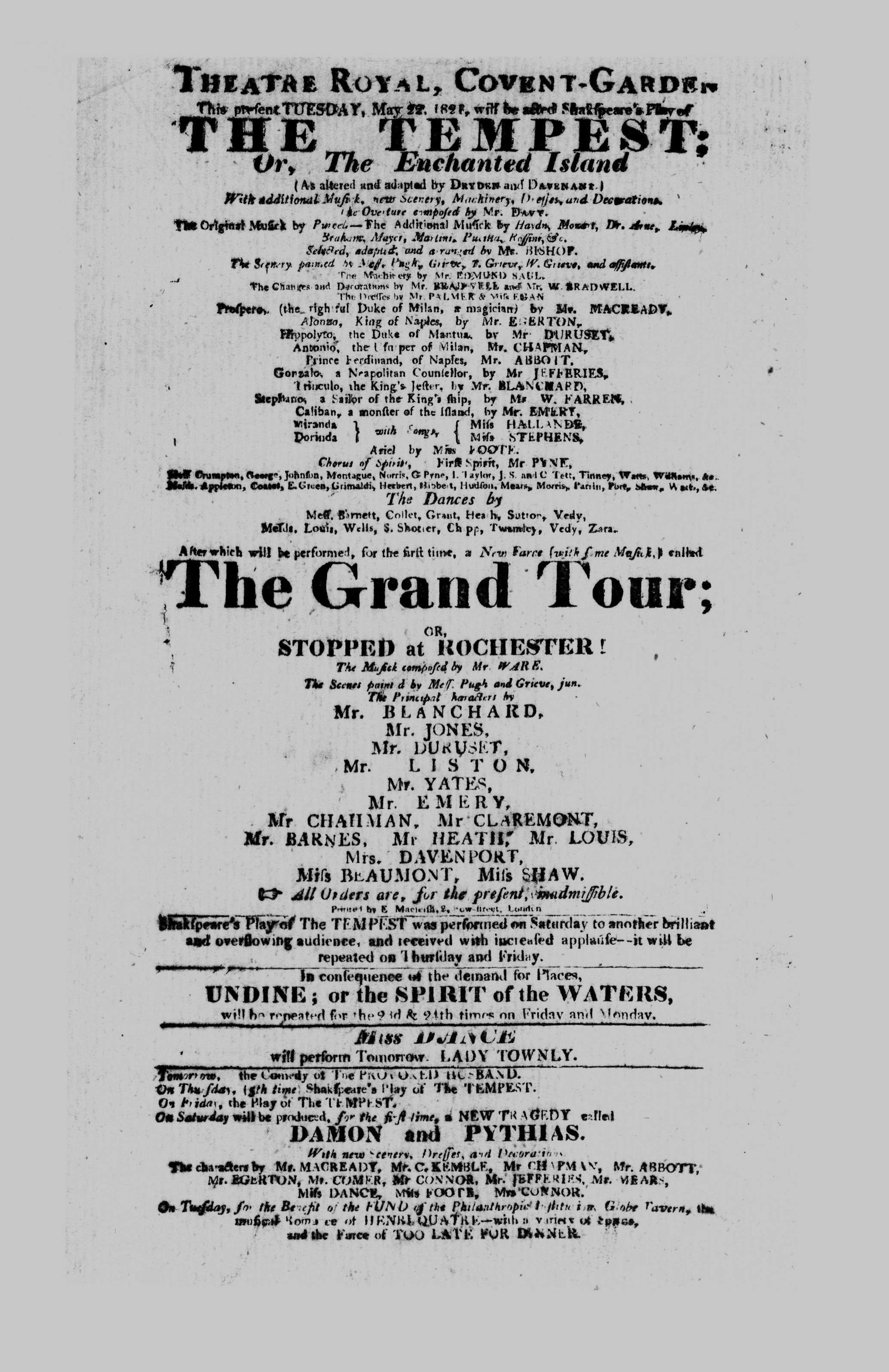 Covent Garden Theatre London Playbill: May 19, 1821 - Shakspeare's Play of THE TEMPEST performed to a brilliant and overflowing audience