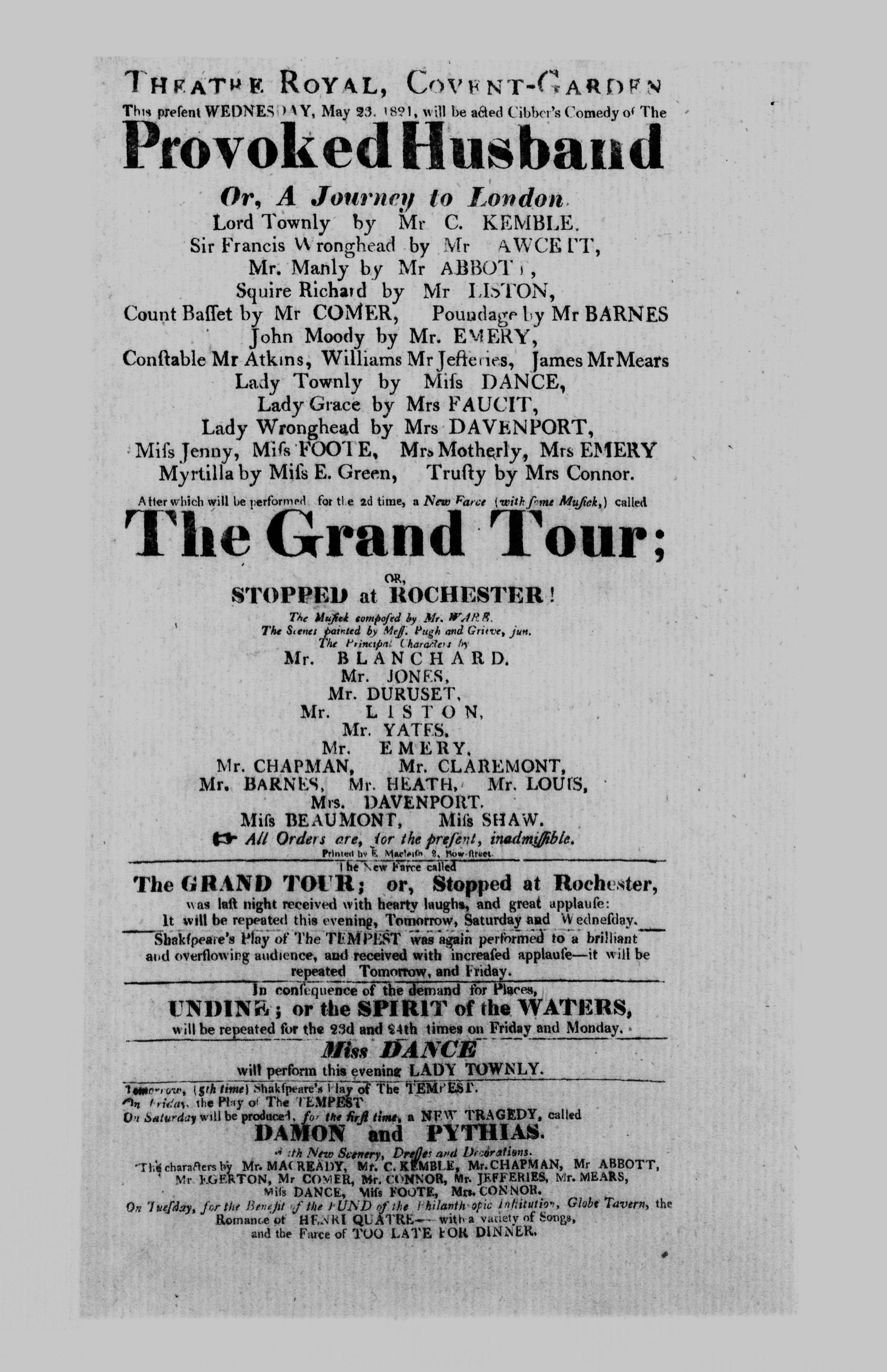 Covent Garden Theatre London Playbill: May 23, 1821 - Cibber's Comedy of The Provoked Husband