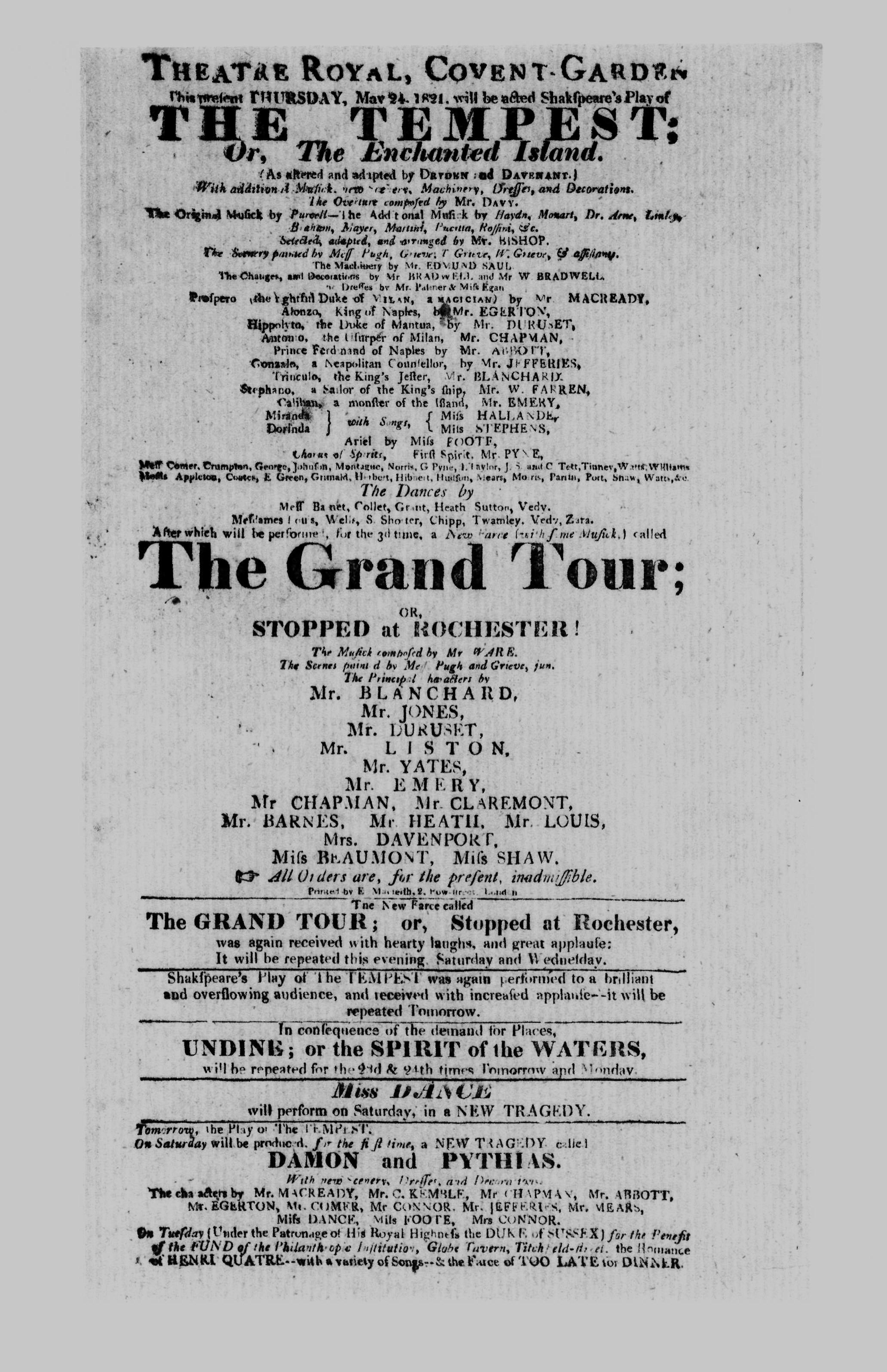 Covent Garden Theatre London Playbill: May 24, 1821 - Shakespeare's Play of THE TEMPEST