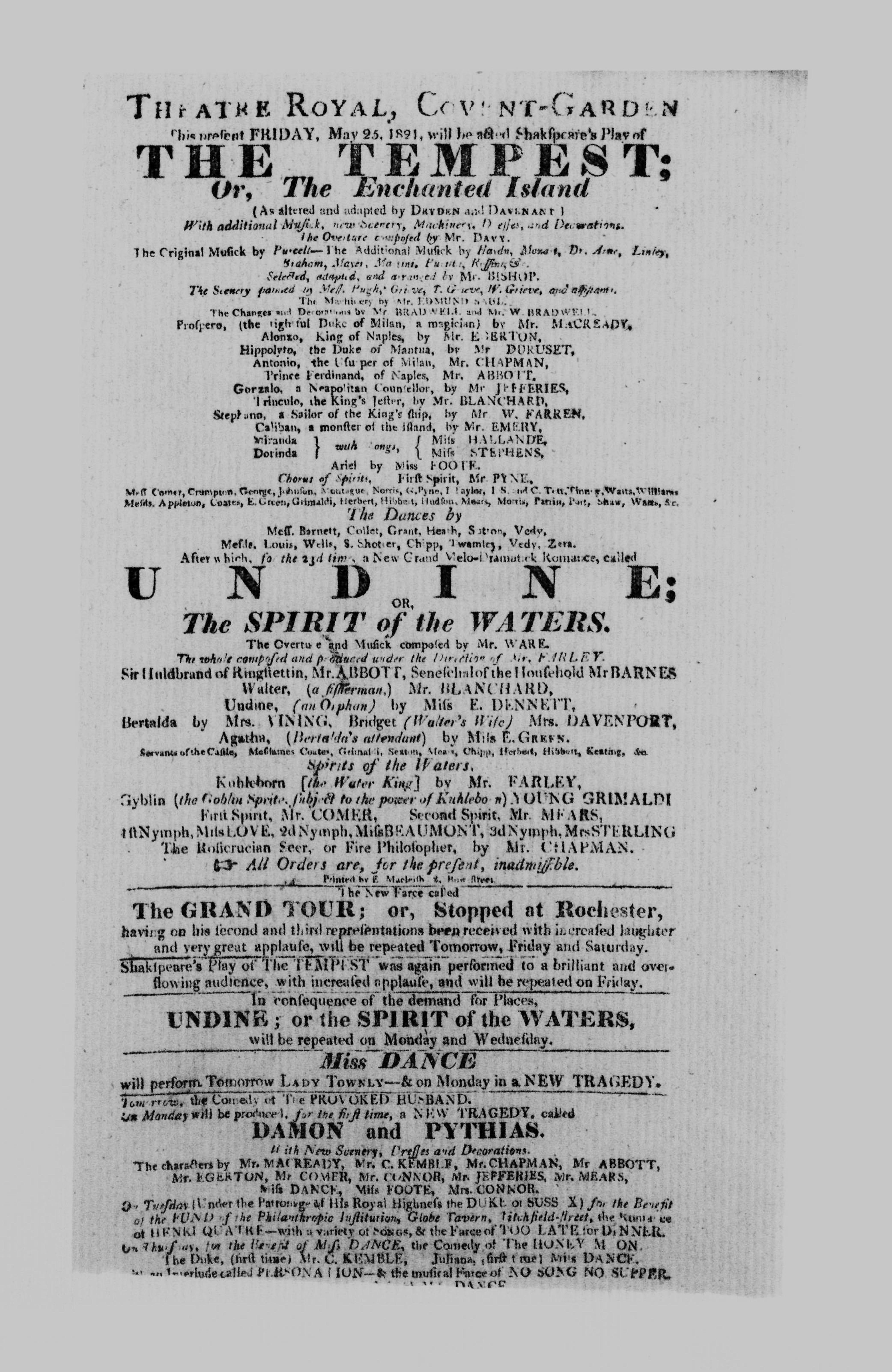 Covent Garden Theatre London Playbill: May 25, 1821 - Shakespeare's Play of THE TEMPEST